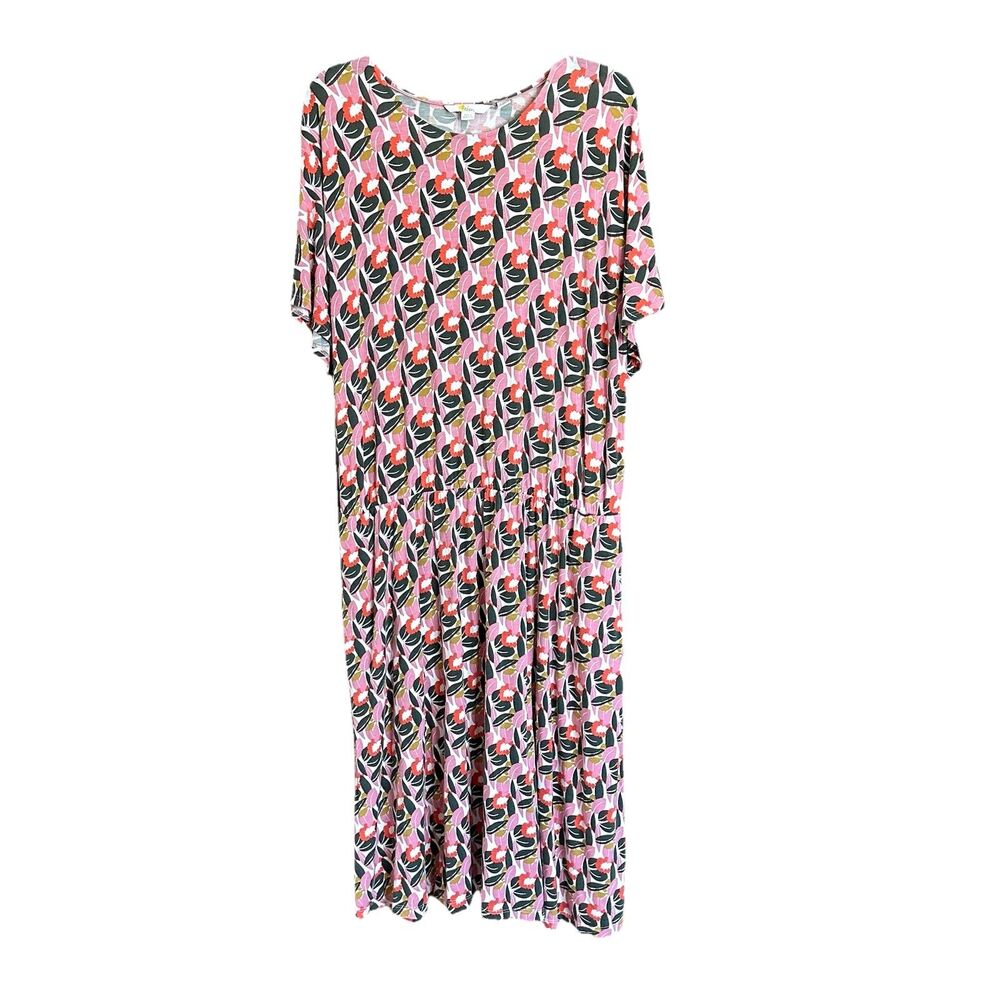 Boden Jersey Dress 16/18L Midi Cap Sleeve Floral Stretchy Pullover Pockets Mod